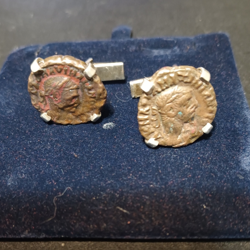 Merrin Vintage sterling silver Roman coin cufflinks.